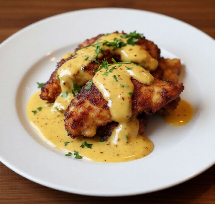 Pretzel Chicken with Mustard-Cheddar Sauce 1 priezel