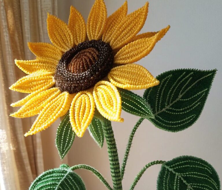large french beaded sunflower with bold golden ye