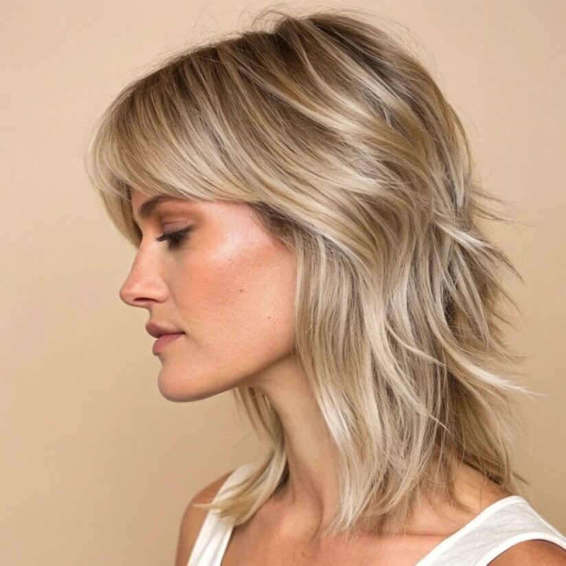 woman with thin hair in a feathered collarbone cu